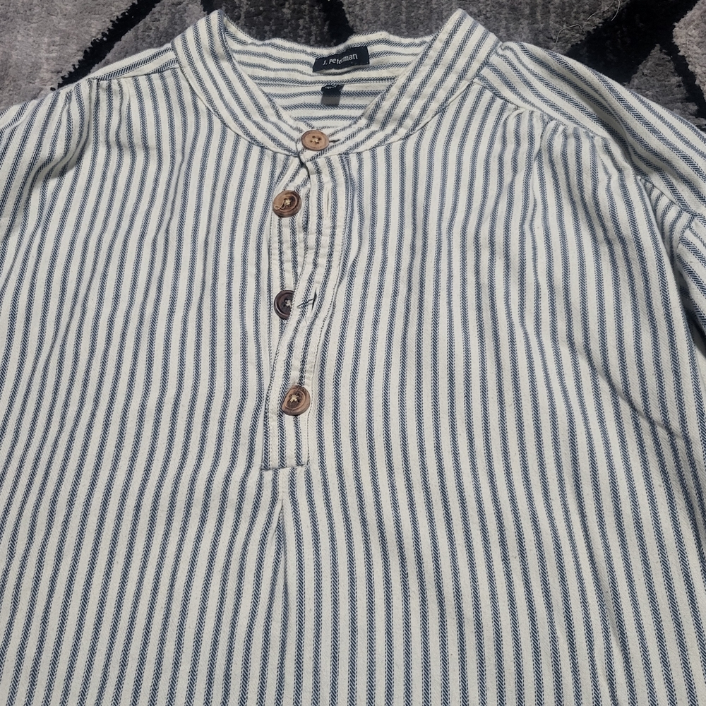 J. Peterman Vintage Navy and White Striped Button Down Poets XL,  Collarless Bnd